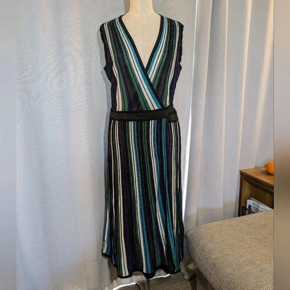 Diane Von Furstenberg Metallic Dress Cadenza Knit Wrap Blue Green Medium Midi - Picture 3 of 10